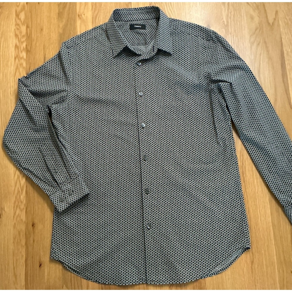 Theory Sylvain ND Veere Shirt Mens L Black White Print Stretch Cotton Button Up